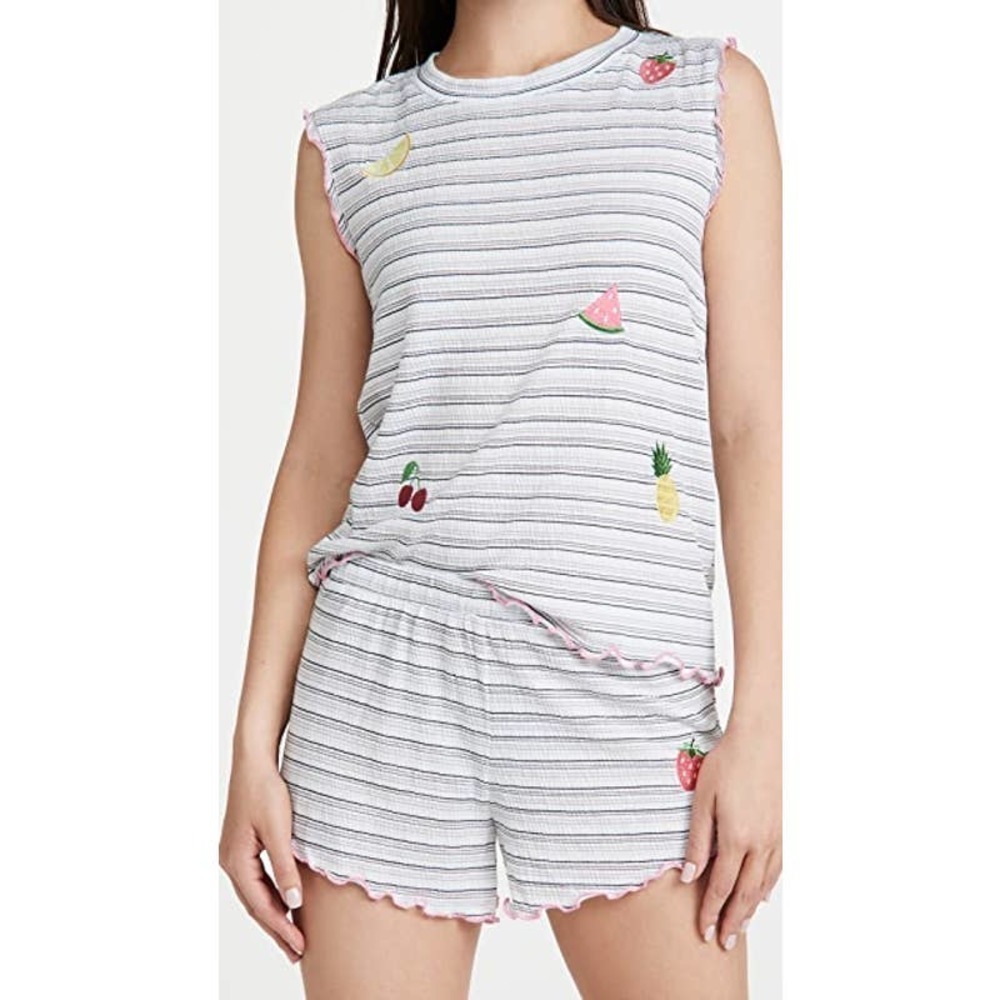 Emerson Road  Fruit Striped Tank & Shorts Set, Little Stripe White/Black, Size L